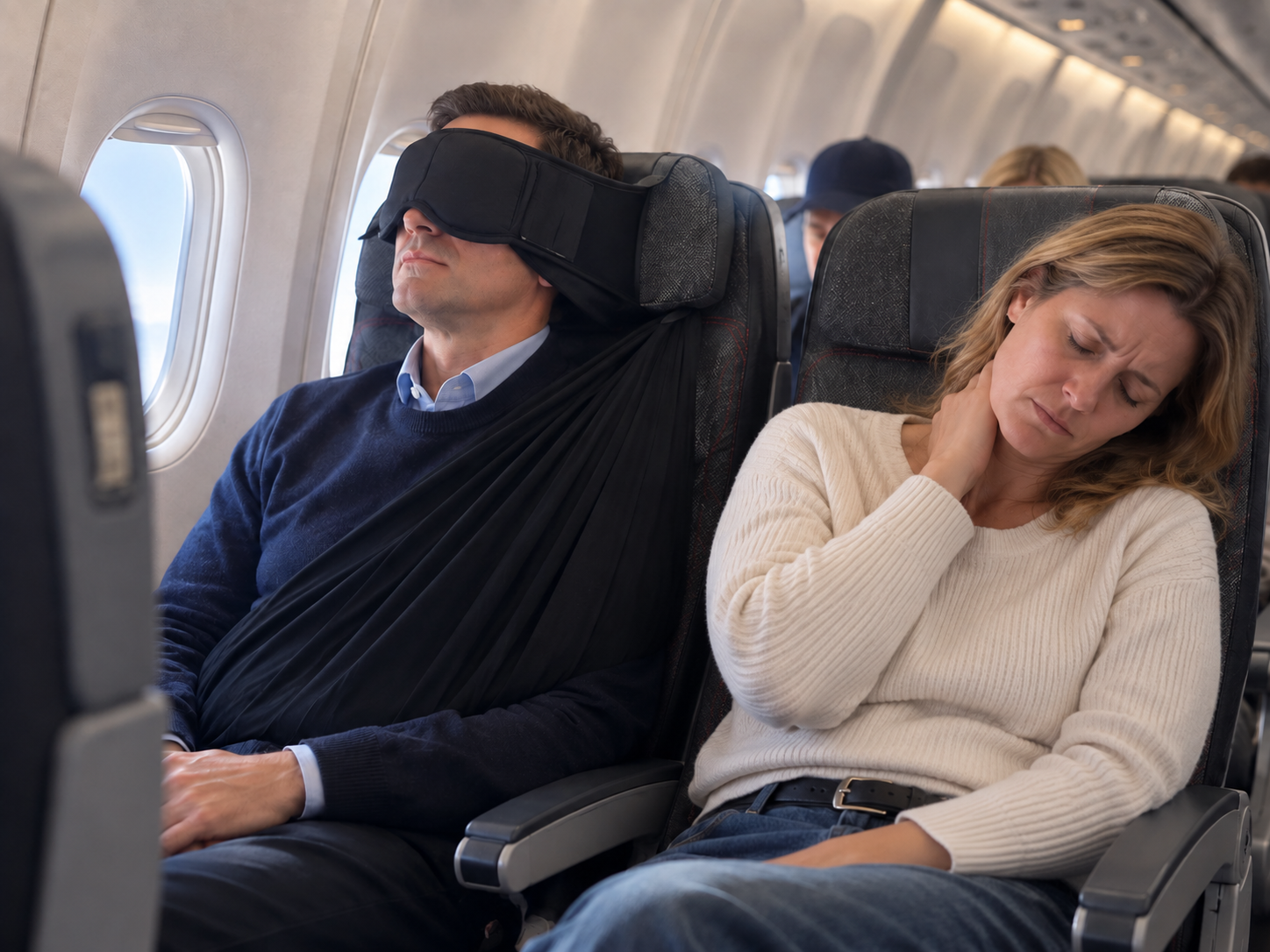 A traveler resting upright with the set while the seatmate rubs her sore neck