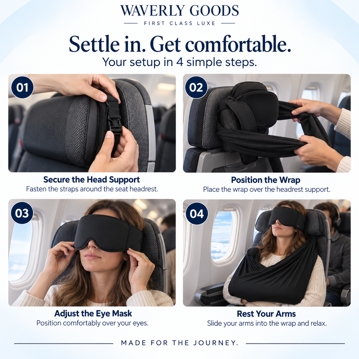Setup in 4 steps: secure the head support, position the wrap, adjust the eye mask, rest your arms